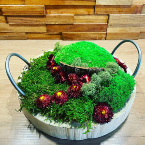 Plateau bois avec poignée métal : mousse lichen stabilisé avec fleurs séchées – diamètre 25cm