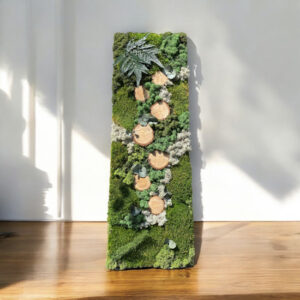 Tableau végétal avec mousse lichen fougère stabilisé – Taille 120×40 cm